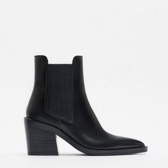 ZARA BLACK LEATHER ANKLE COWBOY BOOTS 1112/010/800