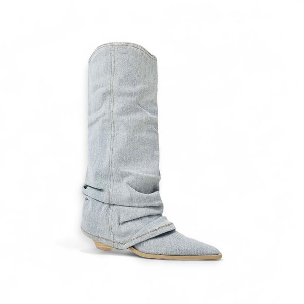 Bershka calf length denim covered cowboy boots in blue