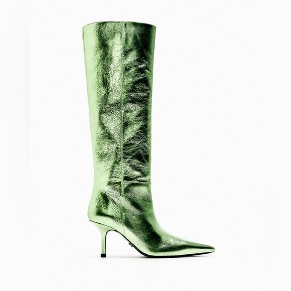 ZARA GREEN METALLIC LEATHER KNEE HIGH BOOTS 1014/110/500