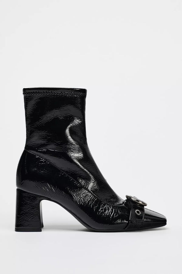Zara Patent leather ankle boots with a strap, buckle closure, and contrasting eyelets on the instep - 3143/410/800