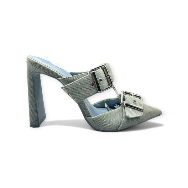 BERSHKA JEANS BLUE DOUBLE BUCKLE BLOCK HEEL