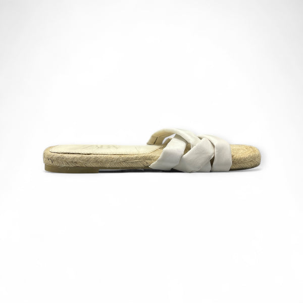 Zara White Quilted Leather Flat Jute Slip On Mules Sandals