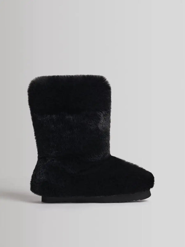 Bershka Black flat boots with a faux fur upper and a round toe
