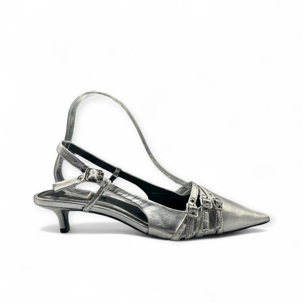 ZARA SILVER TRIPLE STRAP KITTEN CONE HEEL