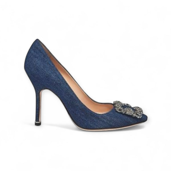 MANOLO BLAHNIK DENIM CRYSTALS HEEL