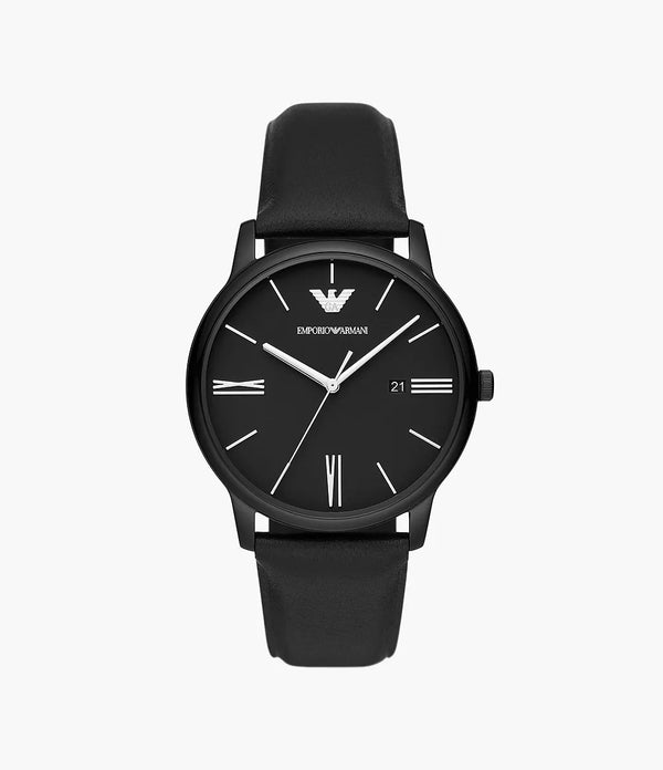 Emporio Armani 42mm black matte dial, three-hand date movement and black leather strap AR11573