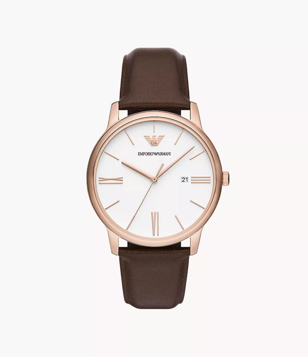 Emporio Armani's 42mm watch features a white matte dial, three-hand date movement and brown leather strap