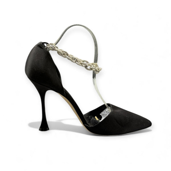 MANOLO BLAHNIK  BLACK CRYSTALS STRAP CONE HEEL