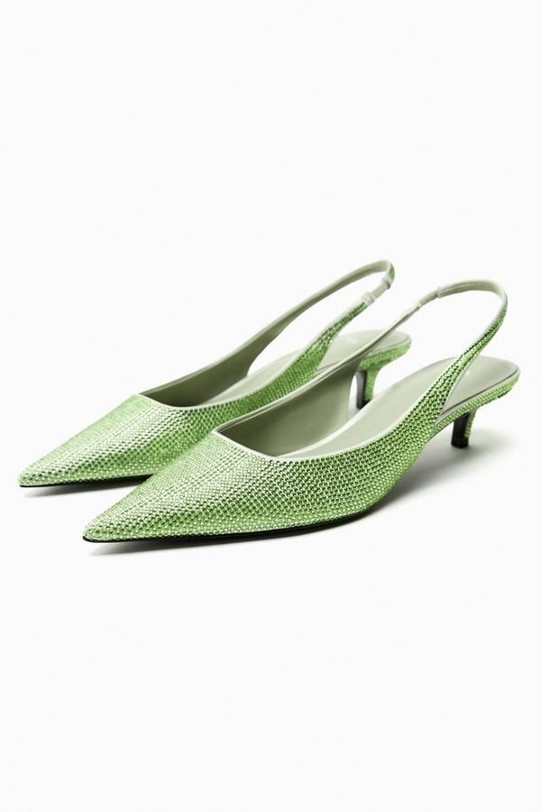 ZARA KITTEN HEEL SLINGBACK SHOES WITH RHINESTONES