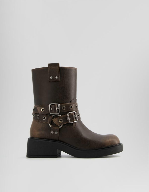BERSHKA ANKLE BIKER BOOT WITH BUCKLE DETAIL