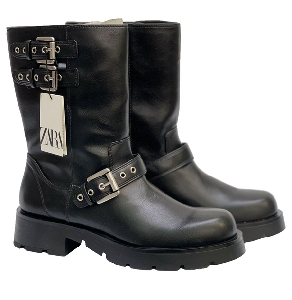 ZARA NEW WOMAN BLACK BIKER ANKLE BOOTS WITH BUCKLES