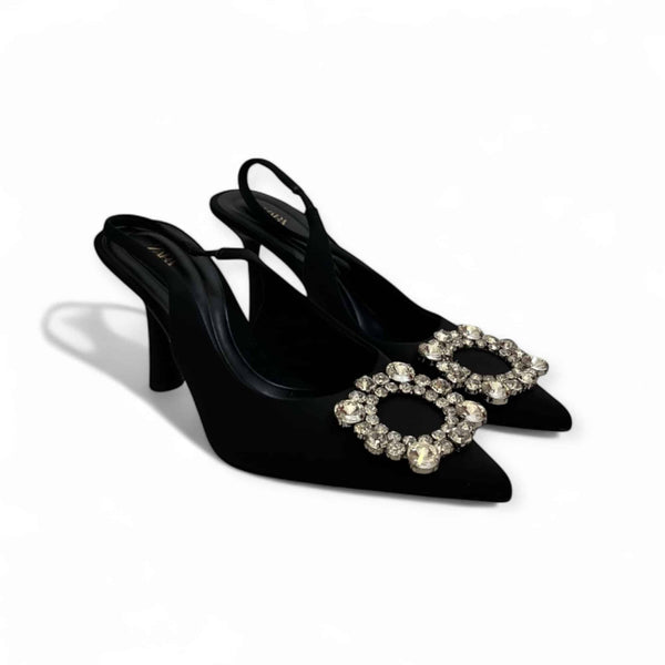ZARA BLACK CRYSTAL RHINESTONE POINTED TOE SLING BACK