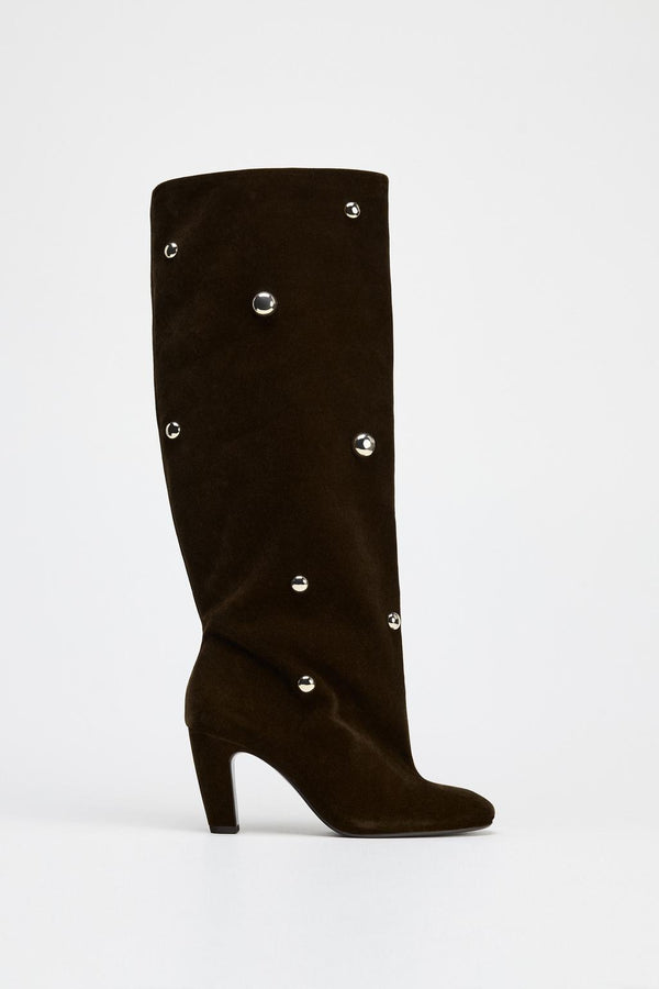 ZARA VELVET KNEE-HIGH BOOT. METAL STUDS, ROUND TOE 1001/510/700
