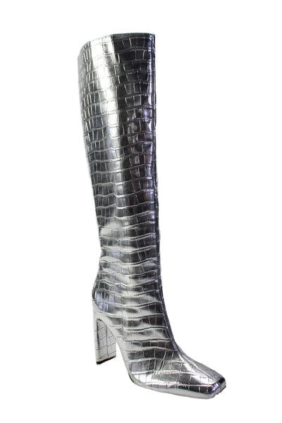 ZARA Womens Side Zip Block Heel Croc Printed Knee High Boots Silver 3004/010/092