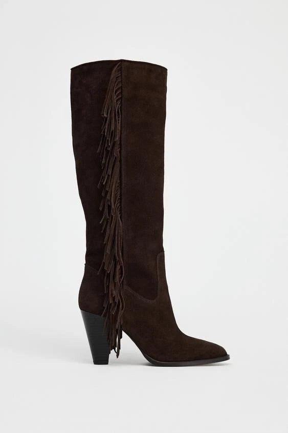 ZARA FRINGED BELOW THE KNEE BOOT BROWN SUEDE 2004/510/116