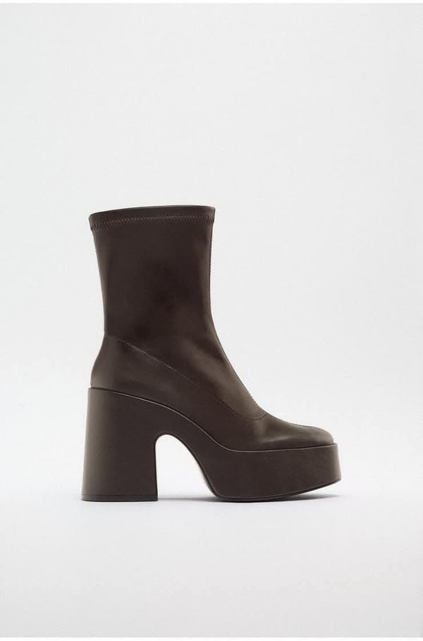 ZARA Brown Faux Leather Platform Heeled Ankle Boot 3128/010/100