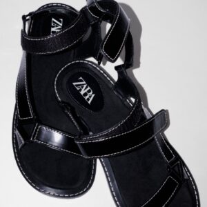 ZARA Black Patent Flat Ankle Strap Strappy Sport Sandals